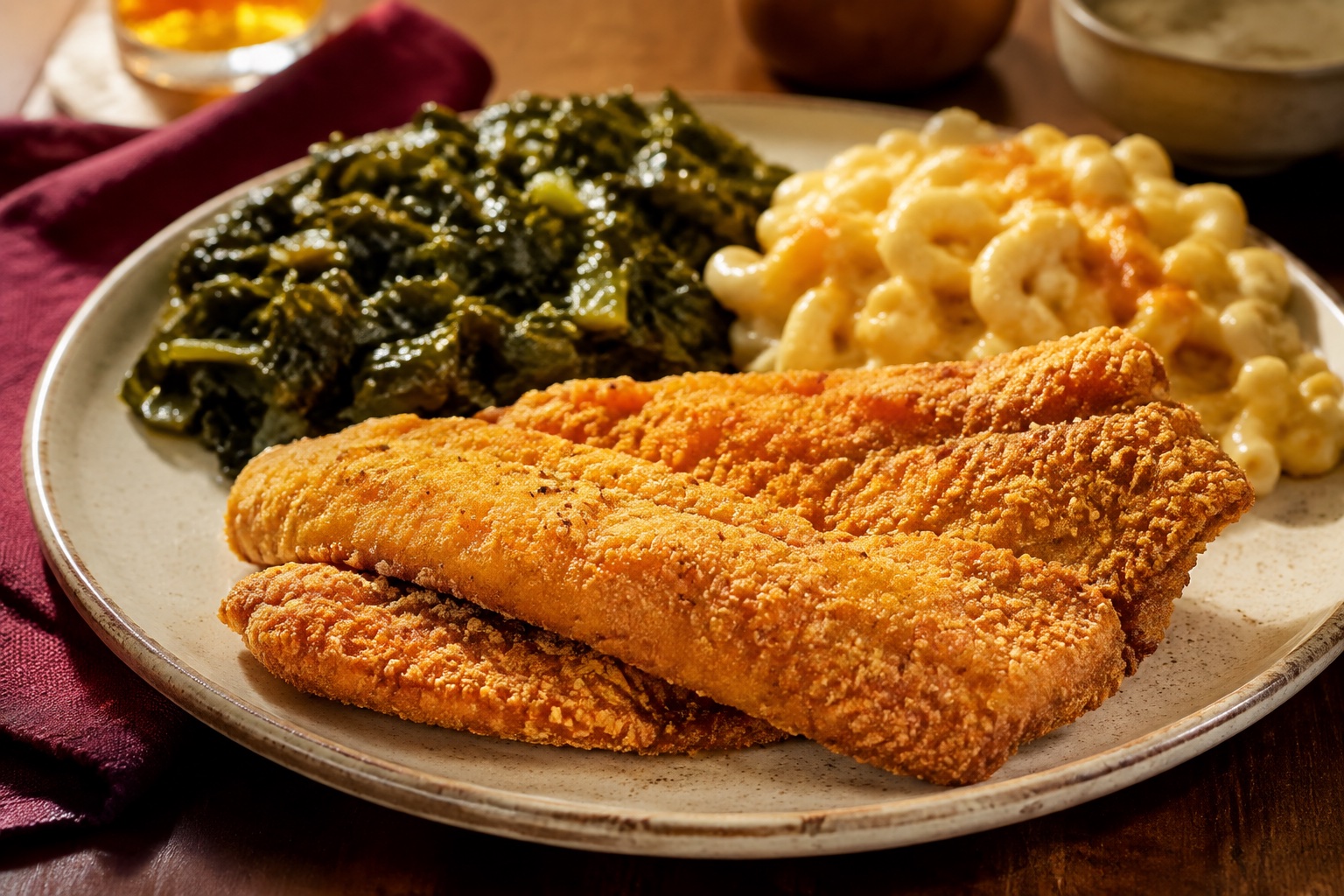 Illustrative serving of fried catfish, greens, and macaroni and cheese; not a photograph of WGS food